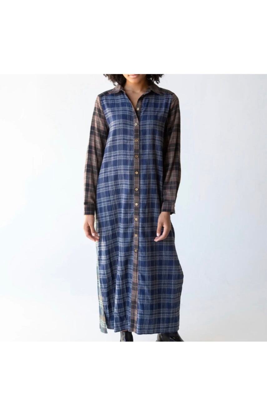 Natural Life Plaid Button-Front Maxi Dress in Blue and Brown Size M 100% cotton